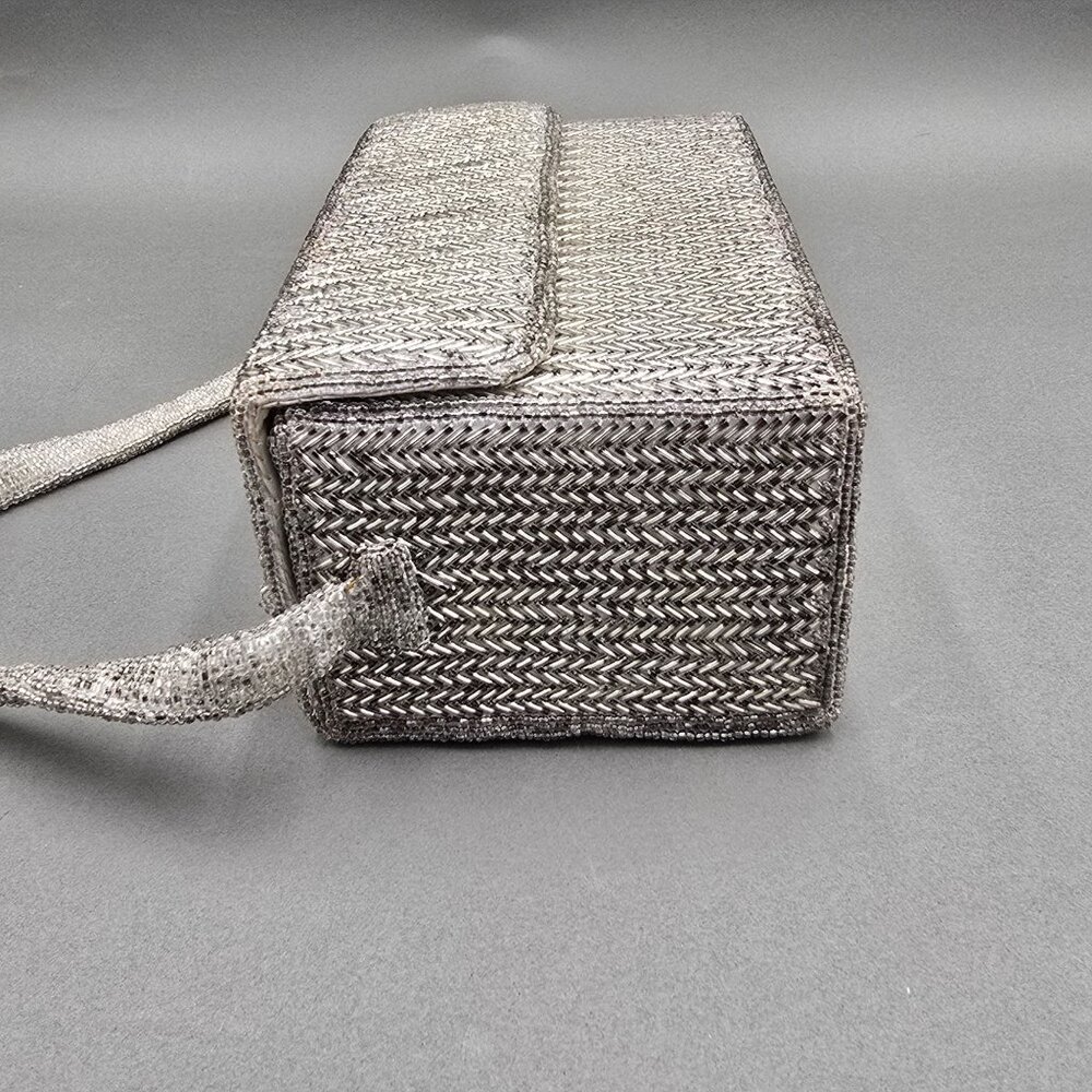 VTG Silver Beaded Herringbone Evening Bag Top Handle 50s La Regale READ - Picture 7 of 15
